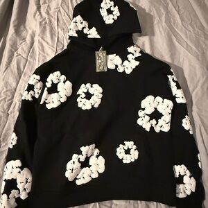 Black Hoodie with White Floral Cluster Print - Men